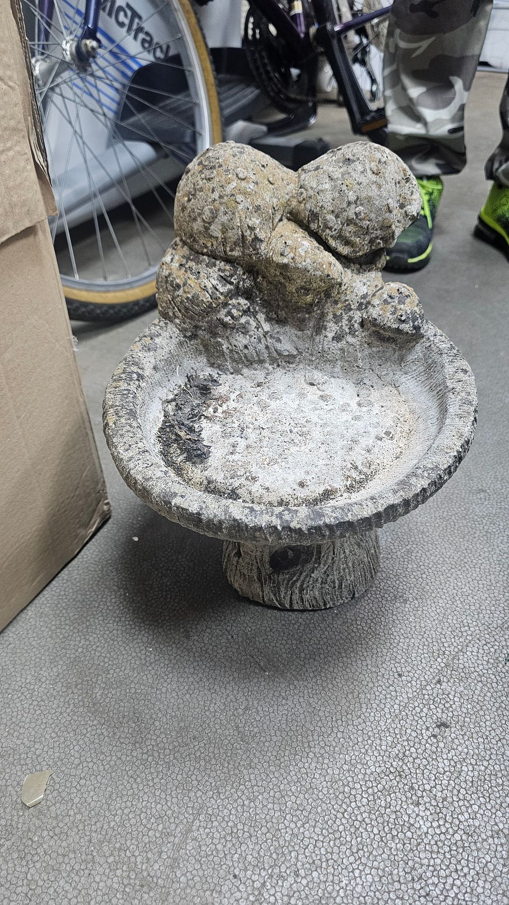 Lot 209: Weathered Cast Stone Figural Birdbath with Tree Stump Pedestal