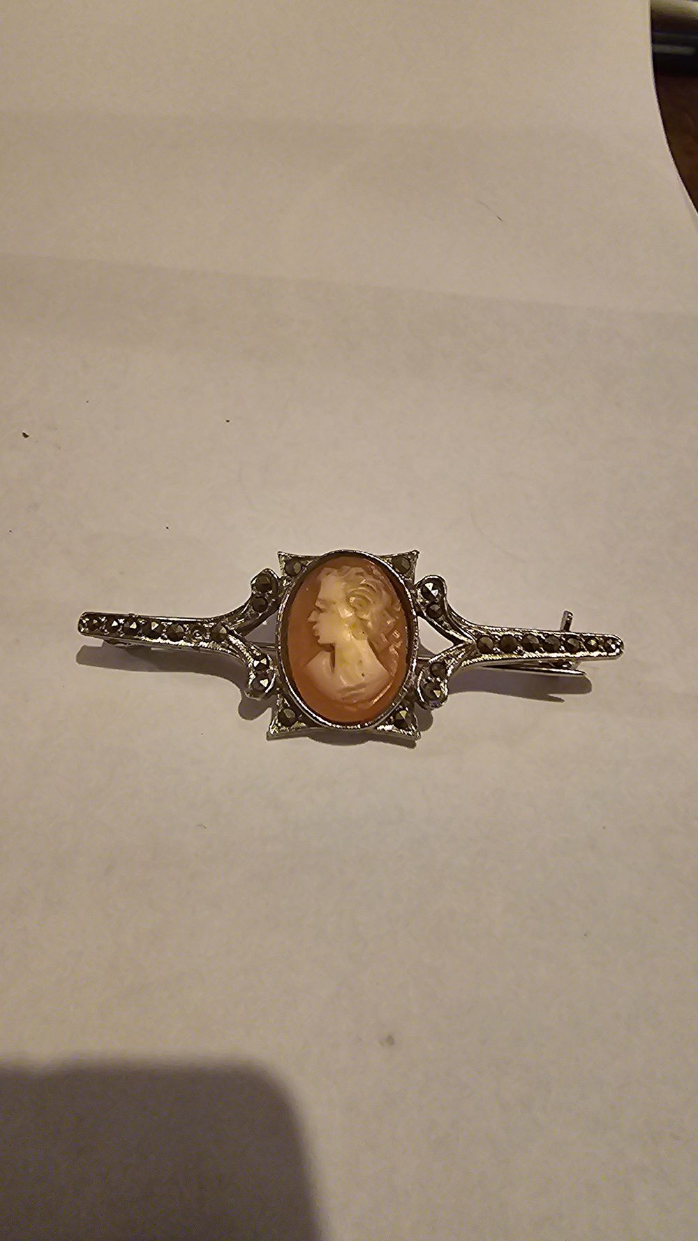 Lot 248: Art Deco Style Shell Cameo and Marcasite Silver Tone Bar Brooch