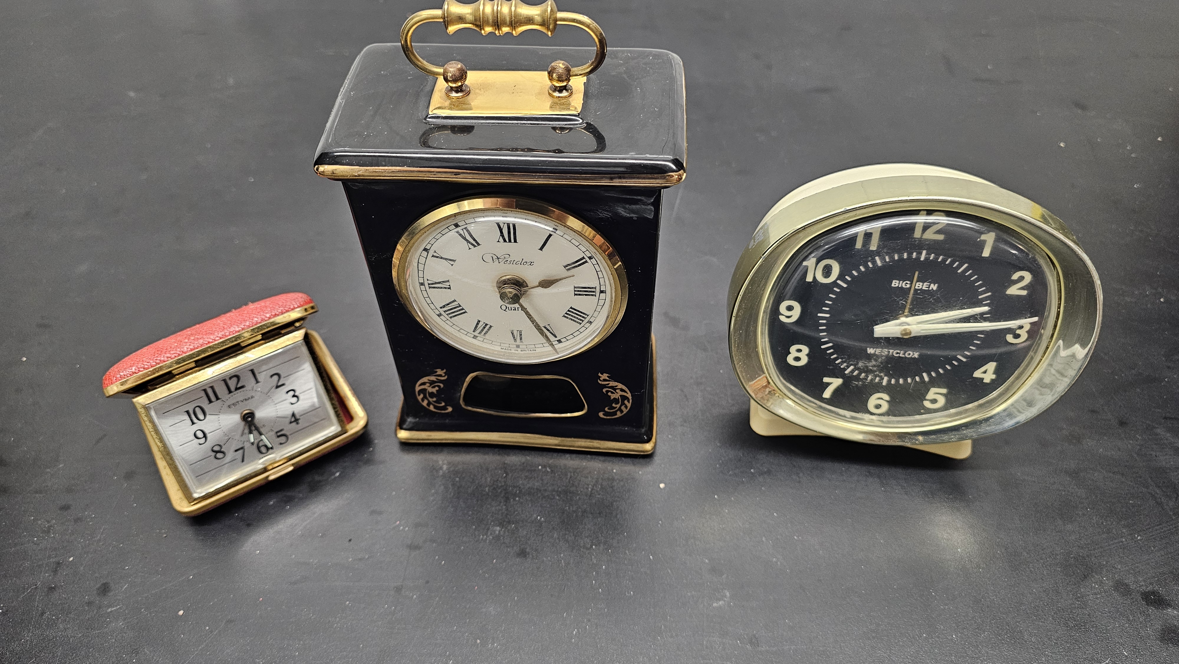 A Trio of Vintage Clocks including Westclox Big Ben and Estyma Travel Alarm