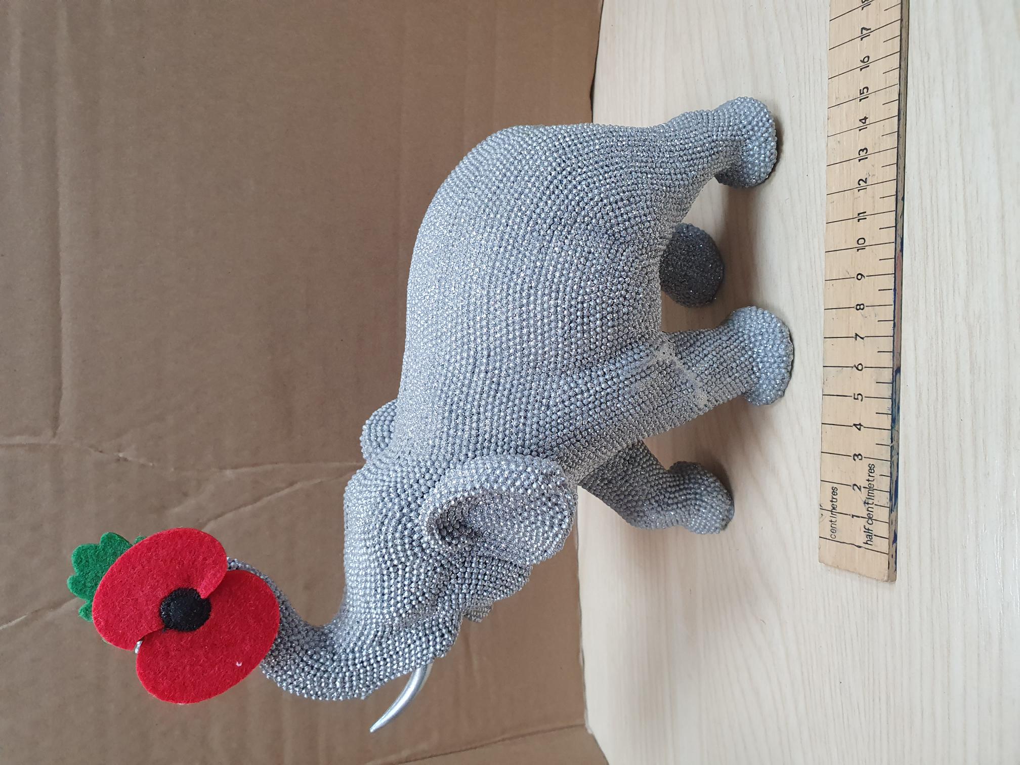 Silver-Toned Seed Bead Encrusted Elephant Figurine with Remembrance Poppy