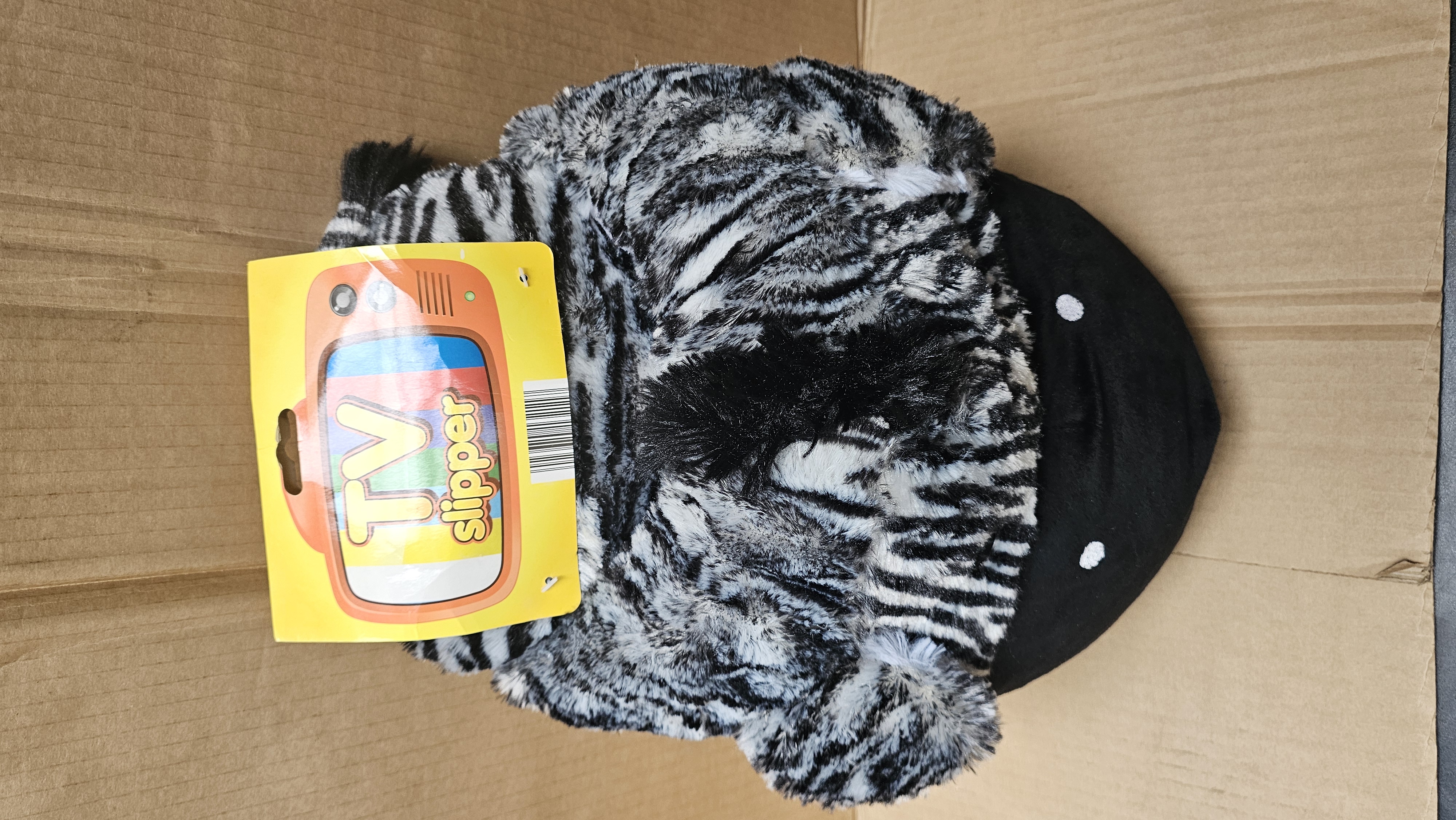 @ play Novelty Zebra Print Plush Faux Fur Double Foot TV Slipper