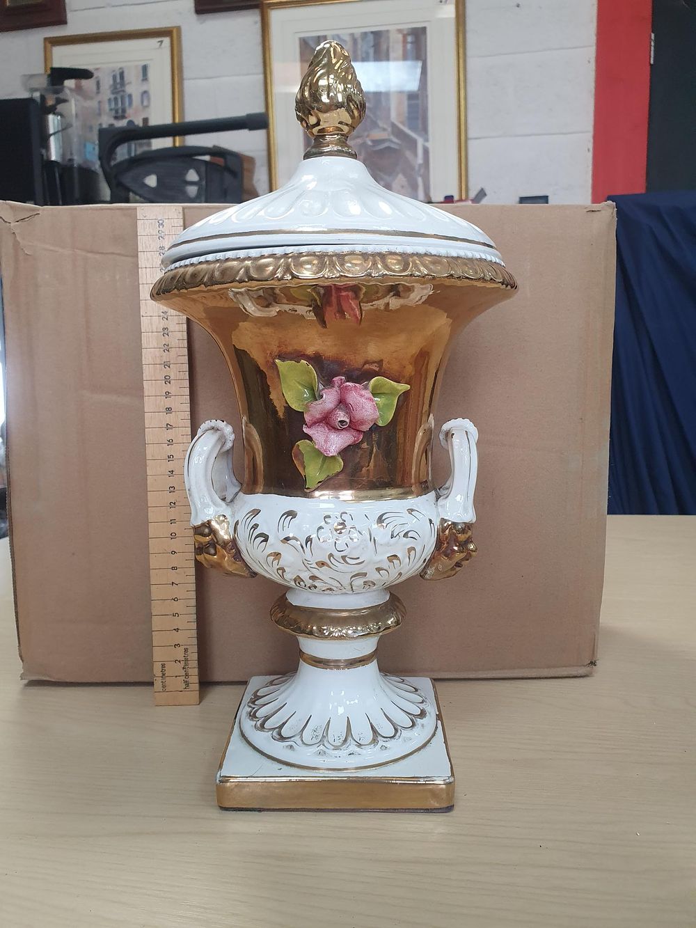 Lot 241: Gilt Porcelain Two-Handled Lidded Urn With Applied Rose