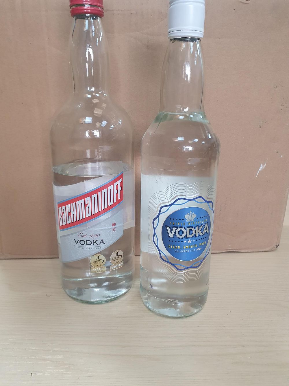 Lot 243: Two 70cl Bottles of Rachmaninoff and Asda Triple Distilled Vodka - Sealed
