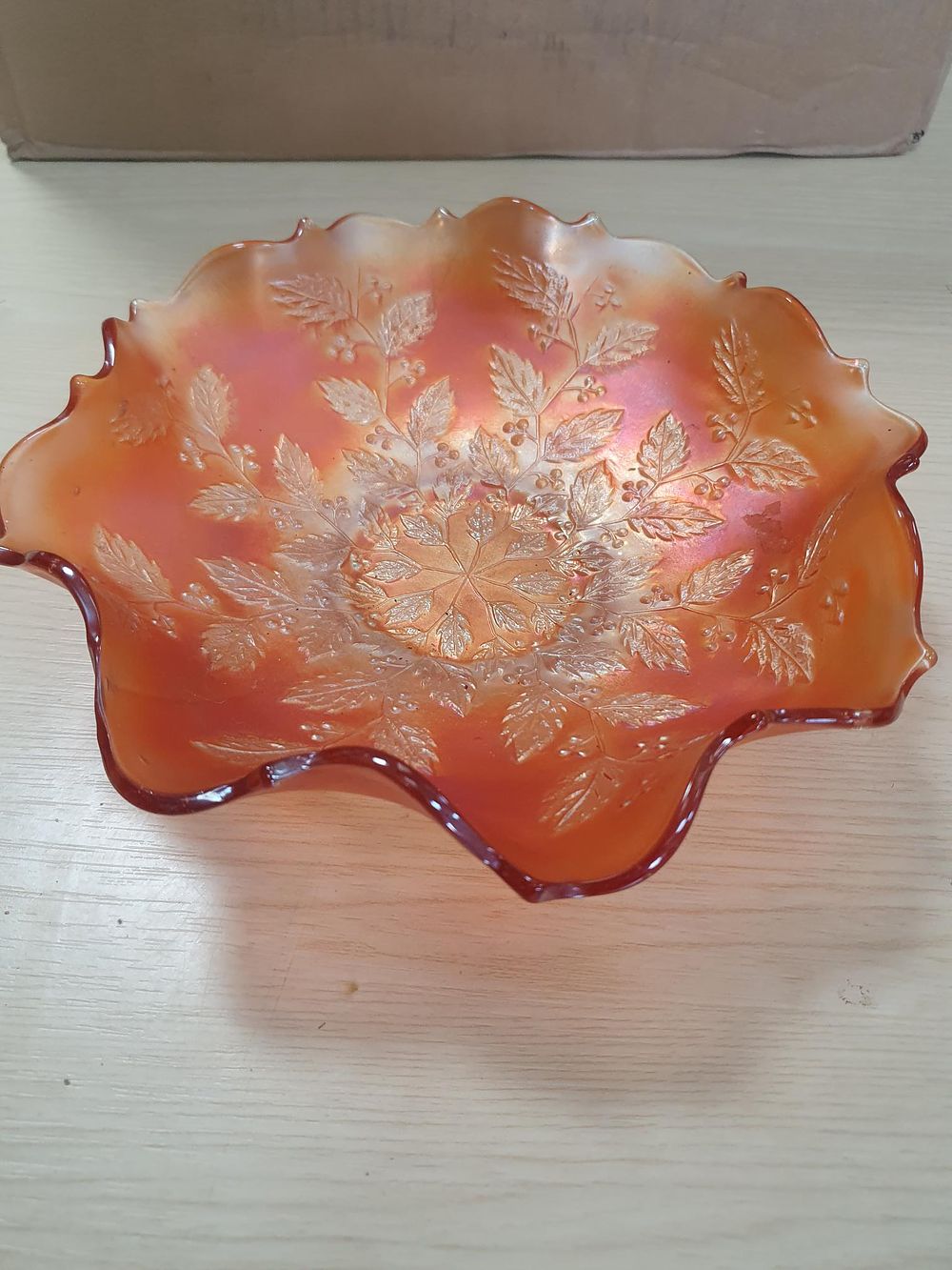 Lot 253: Marigold Iridescent Pressed Glass Holly Pattern Ruffled Bowl - Used Condition