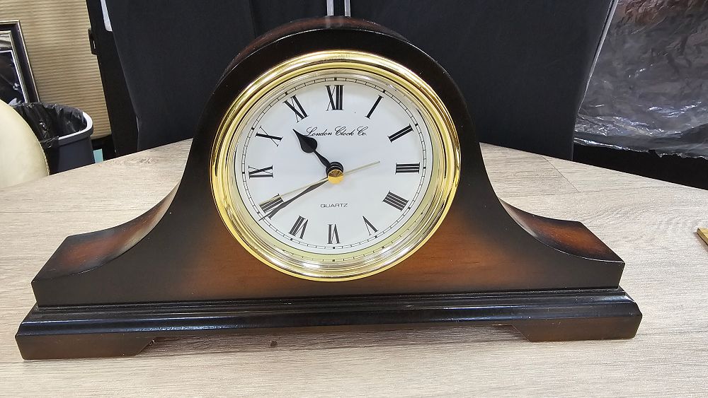 Lot 87: London Clock Co. Dark Brown Sunburst Wooden Mantel Clock - Very Good Condition