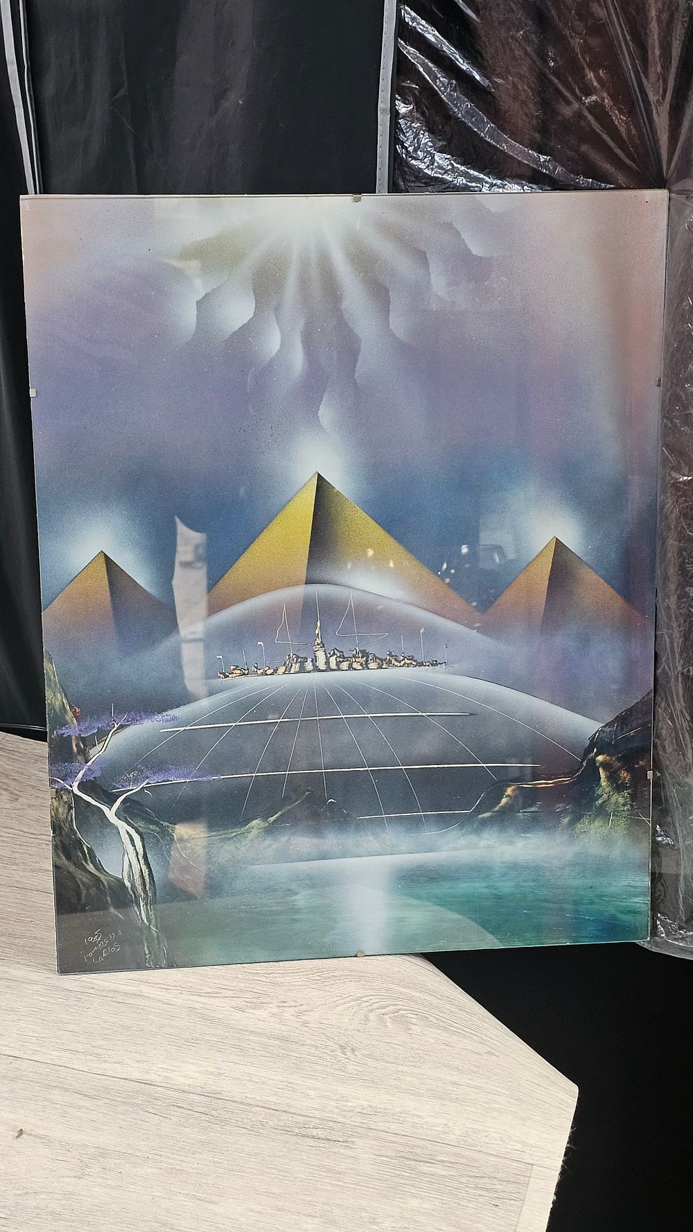 Lot 165: Carlos Tomas 'Surreal Sci-Fi Landscape' Original Spray Paint Painting - Very Good Condition (Signed)