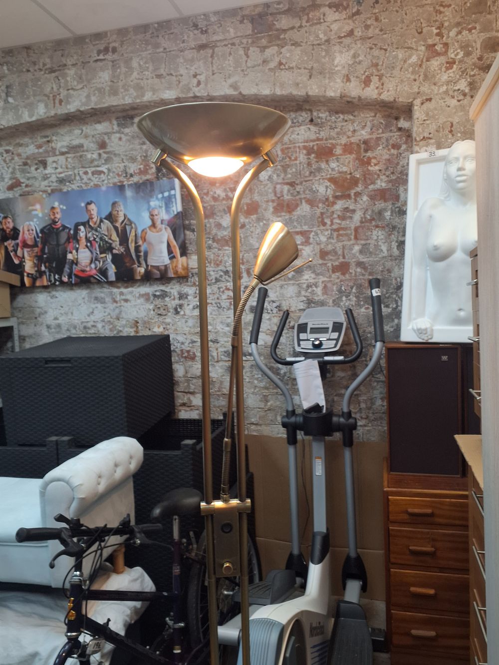 Lot 186: Brushed Brass Effect Twin-Light Torchiere Floor Lamp with Reading Light - Used Condition