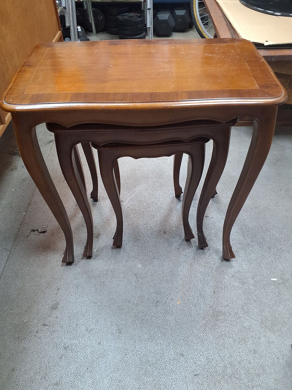 Lot 187: Mahogany Toned Hardwood Queen Anne Style Nest of Three Tables - Used good Condition