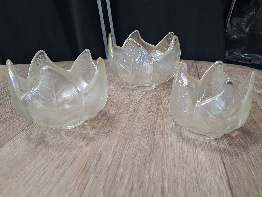 Lot 193: Three Iridescent Pressed Glass Leaf Shaped Votive Bowls - Very Good Condition