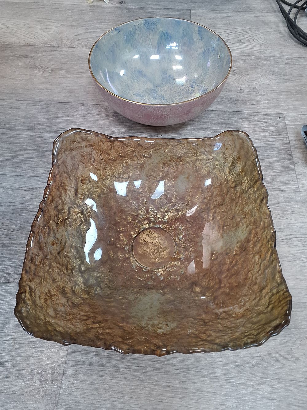 Lot 219: Two Crystalline Glaze Ceramic and Amber Textured Art Glass Bowls - Very Good Condition