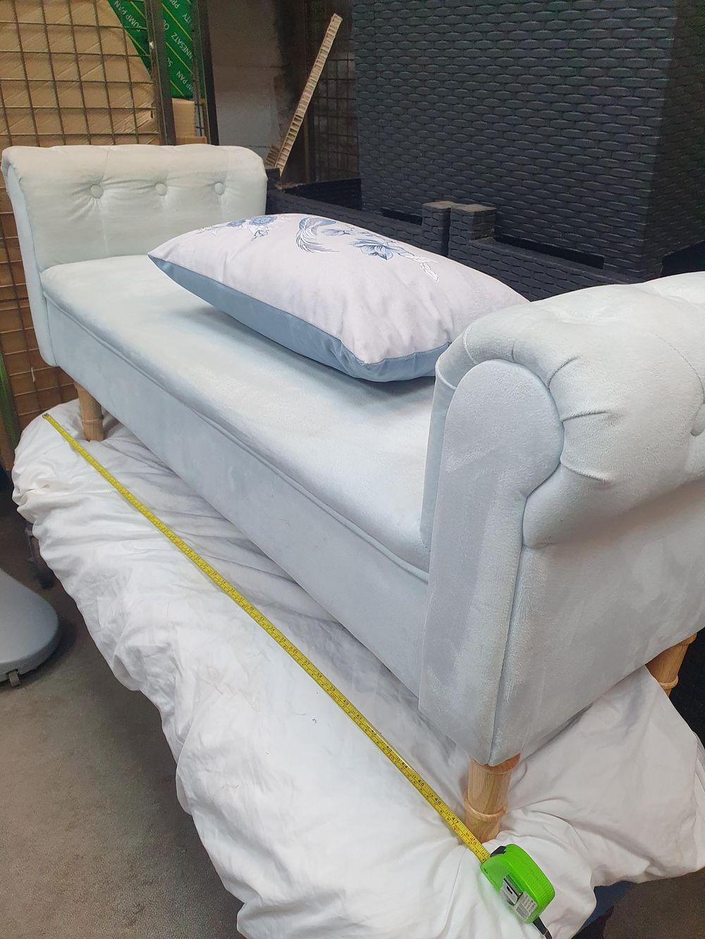 Lot 228: Duck Egg Blue Velvet Scrolled Tufted Window Bench with Embroidered Pillow