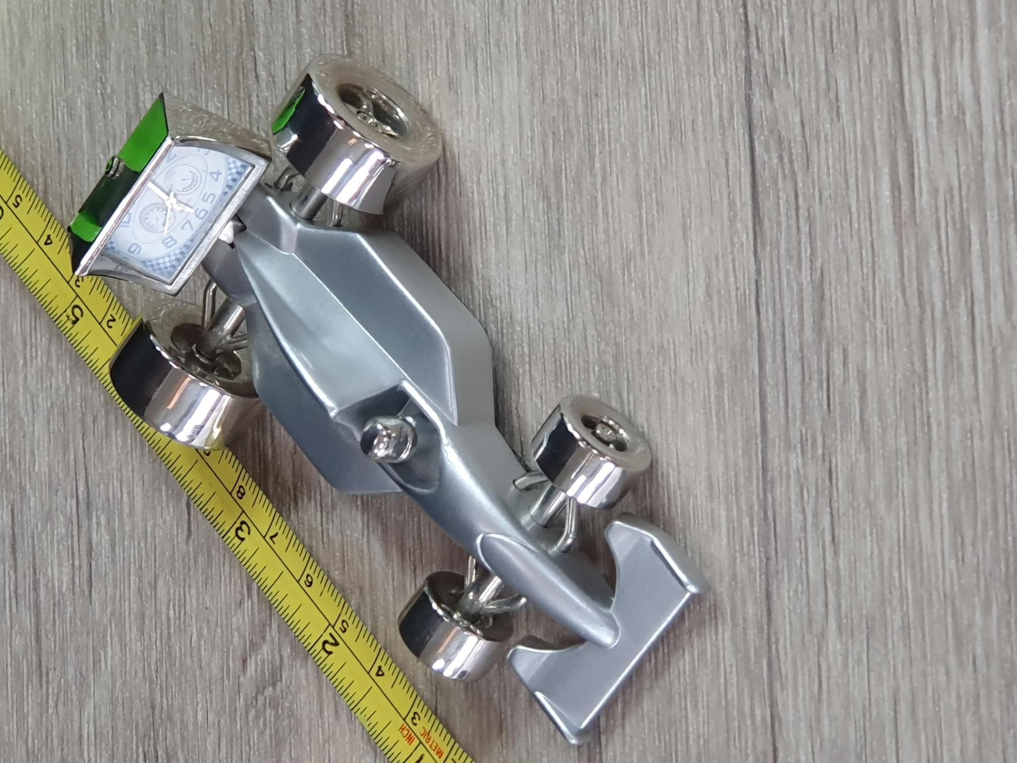 Silver Toned Metal Formula 1 Racing Car Desk Clock - Very Good Condition