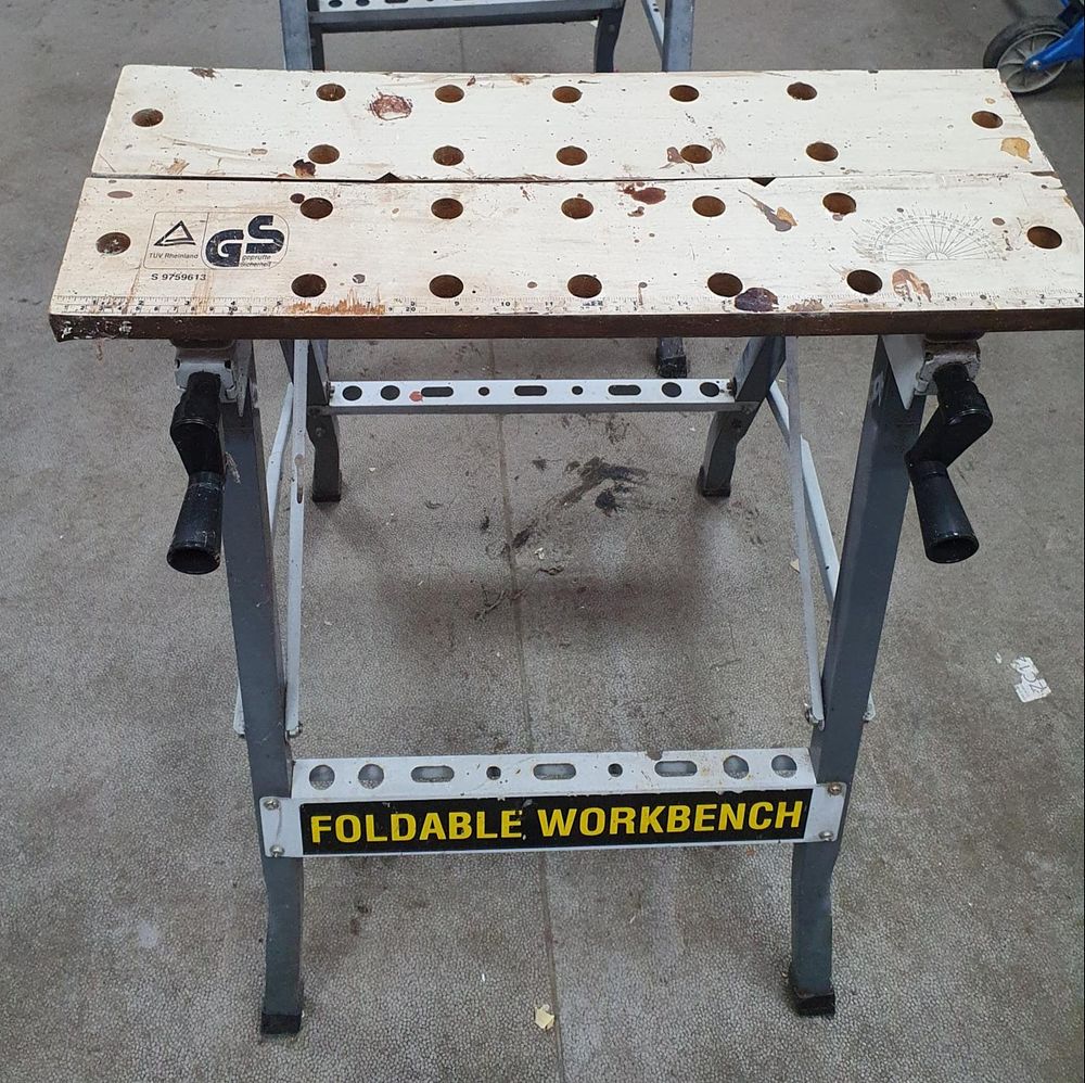 Lot 255: Grey Metal and Wood Adjustable Foldable Workbench - Used Condition