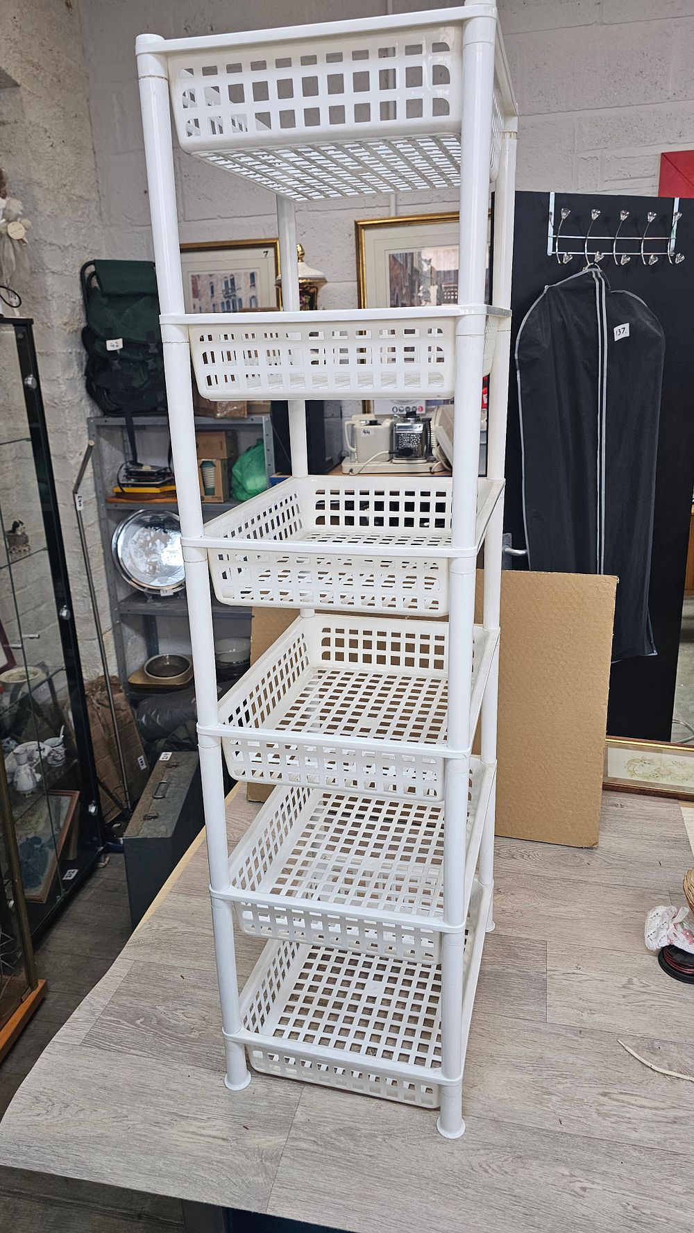Lot 104: Five Tier White Plastic Modular Shelving Unit - Good Solid Condition