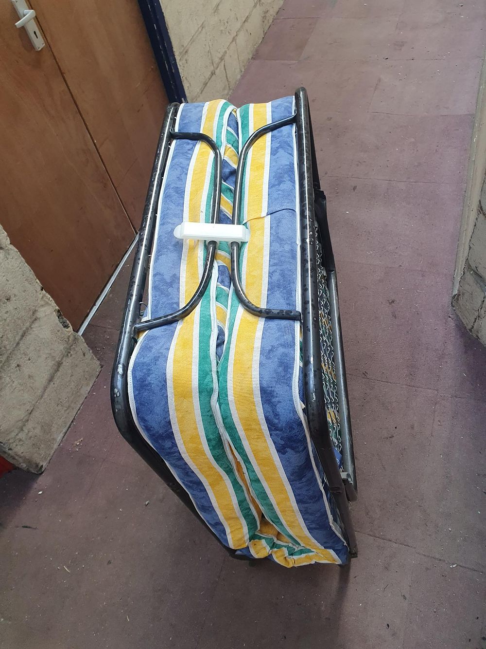 Lot 306: Tubular Metal Folding Single Guest Z-Bed with Striped Foam Mattress