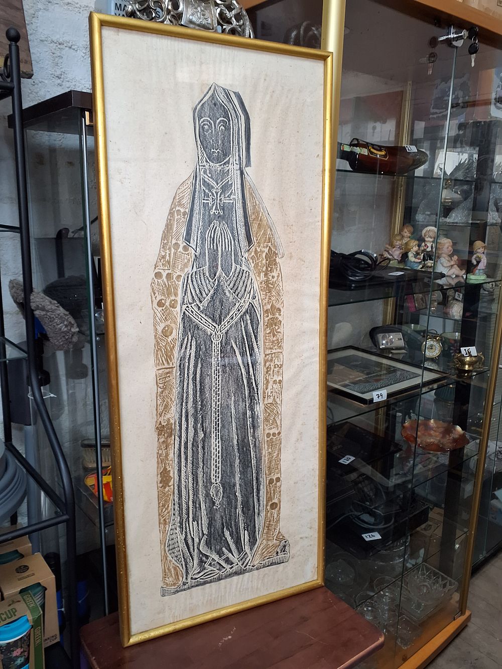 Lot 277: Framed Bronze Toned Medieval Ecclesiastical Figure Brass Rubbing - Used Good Condition