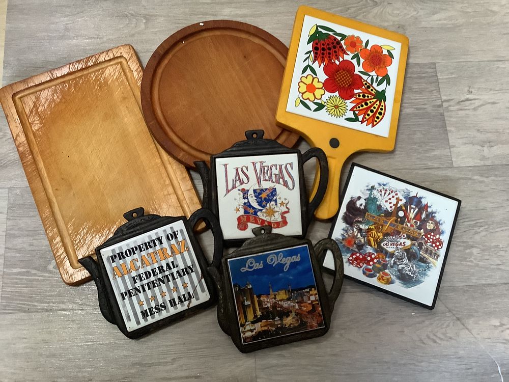 Lot 293: Assorted Vintage Ceramic and Wooden Souvenir Trivets and Boards - Used Condition