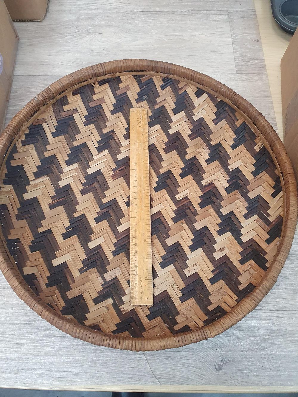 Lot 134: Large Woven Bamboo and Rattan Geometric Winnowing Tray