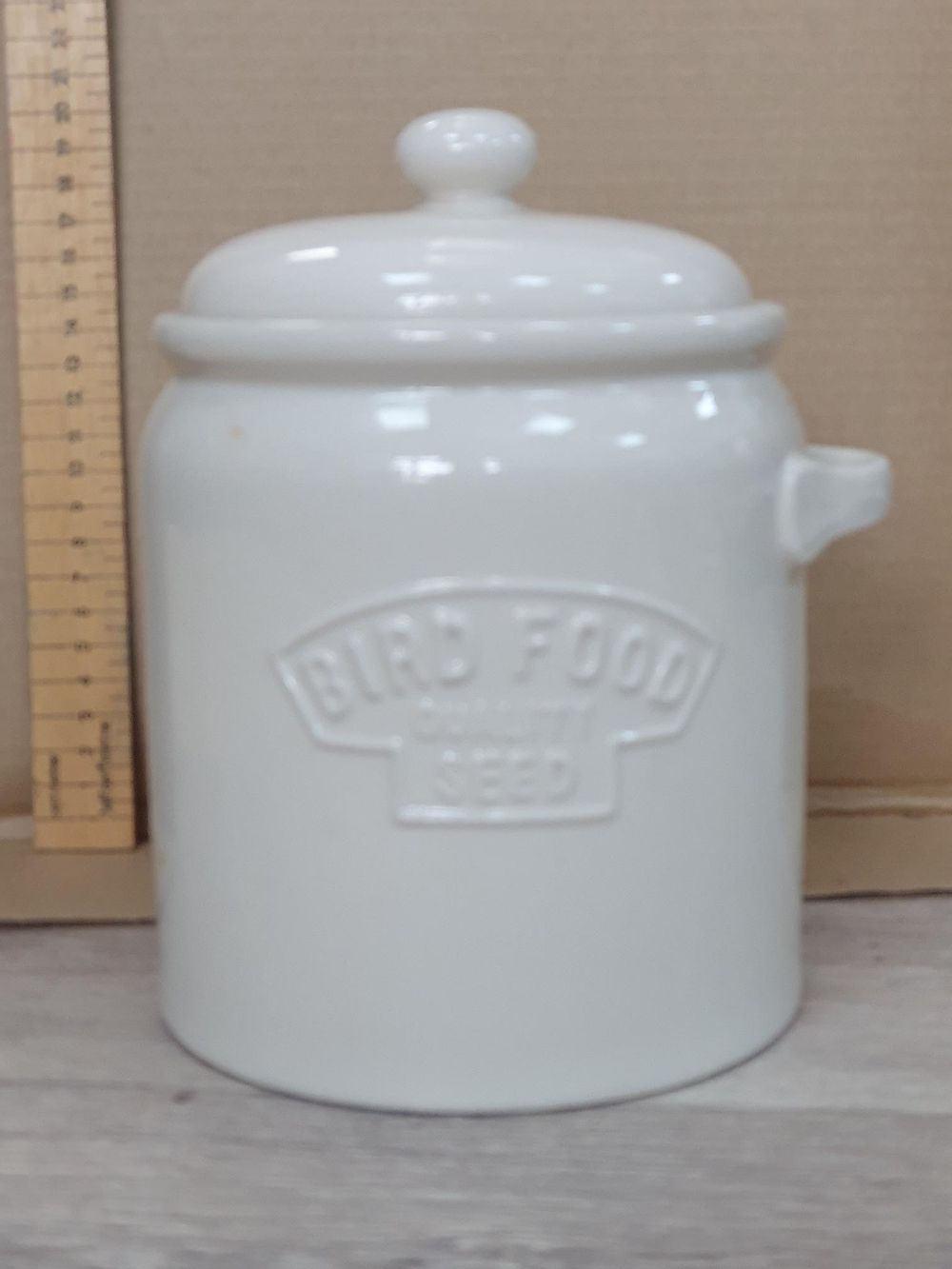 Lot 192: Marks & Spencer White Stoneware Bird Food Canister - Very Good Condition