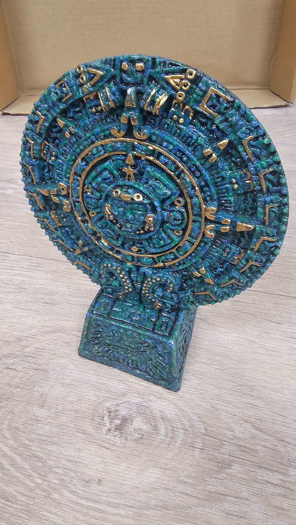 Lot 325: Green and Gold Faux Turquoise Aztec Sun Stone Sculpture - Excellent Condition