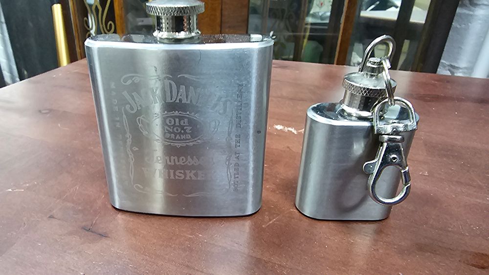Lot 338: Jack Daniel's Stainless Steel Hip Flask and Keychain Flask - Good Used Condition