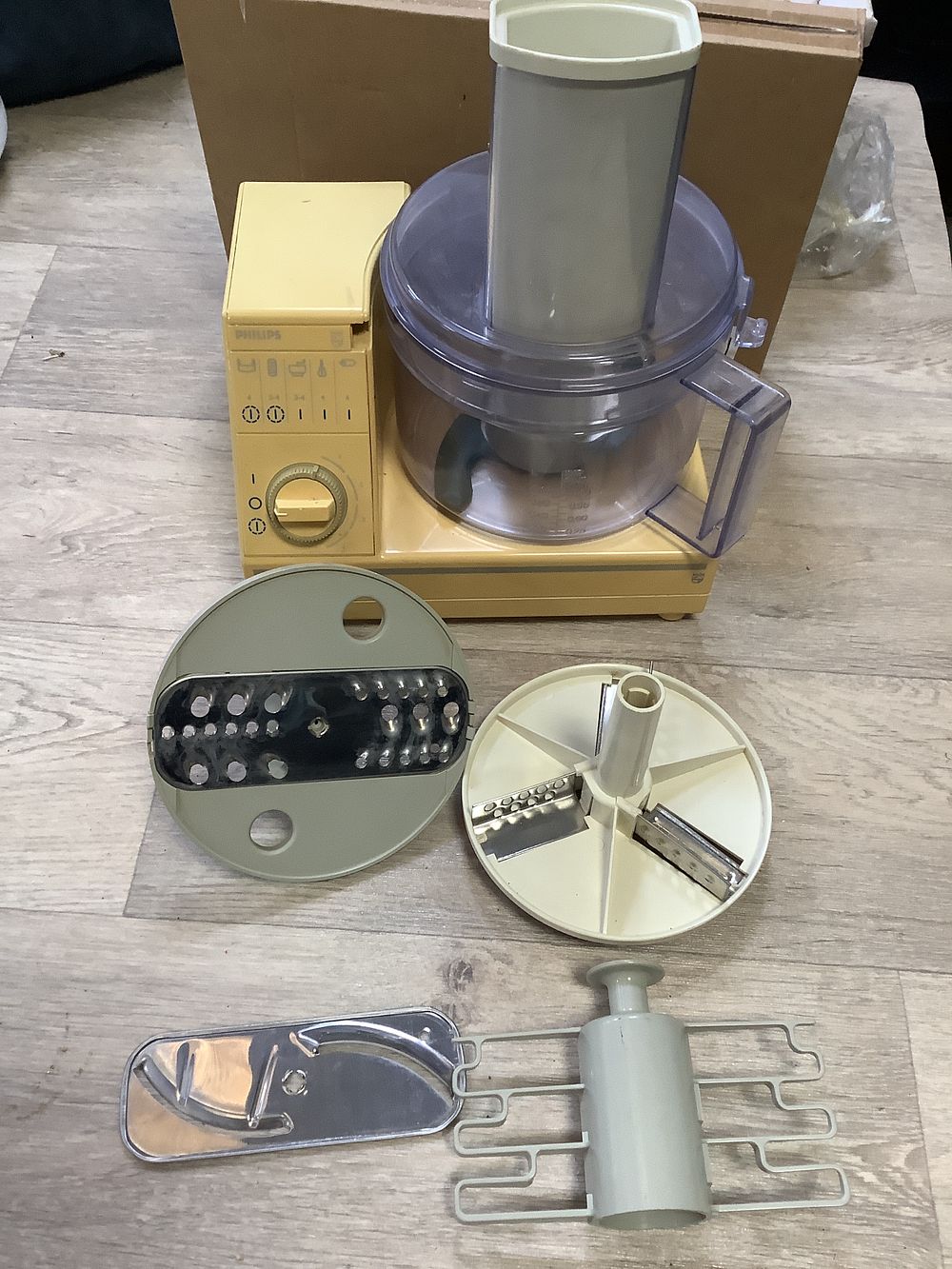 Lot 141: Philips Yellow Plastic Food Processor with Various Attachments - Good Used Condition