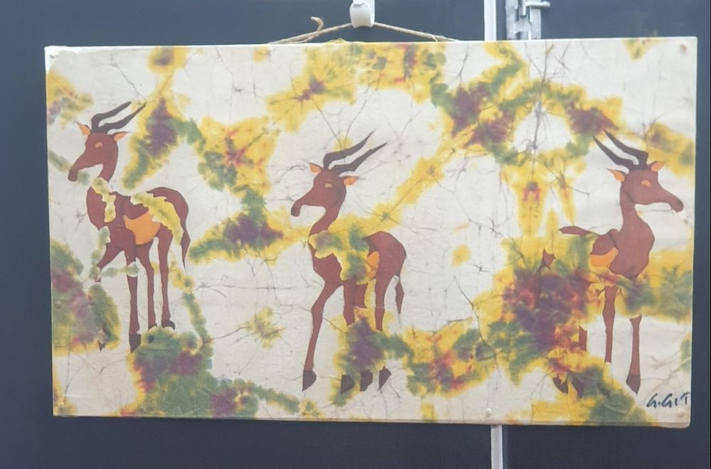 Lot 281: G. Githuo Stylised Antelope Wildlife Batik Fabric Painting