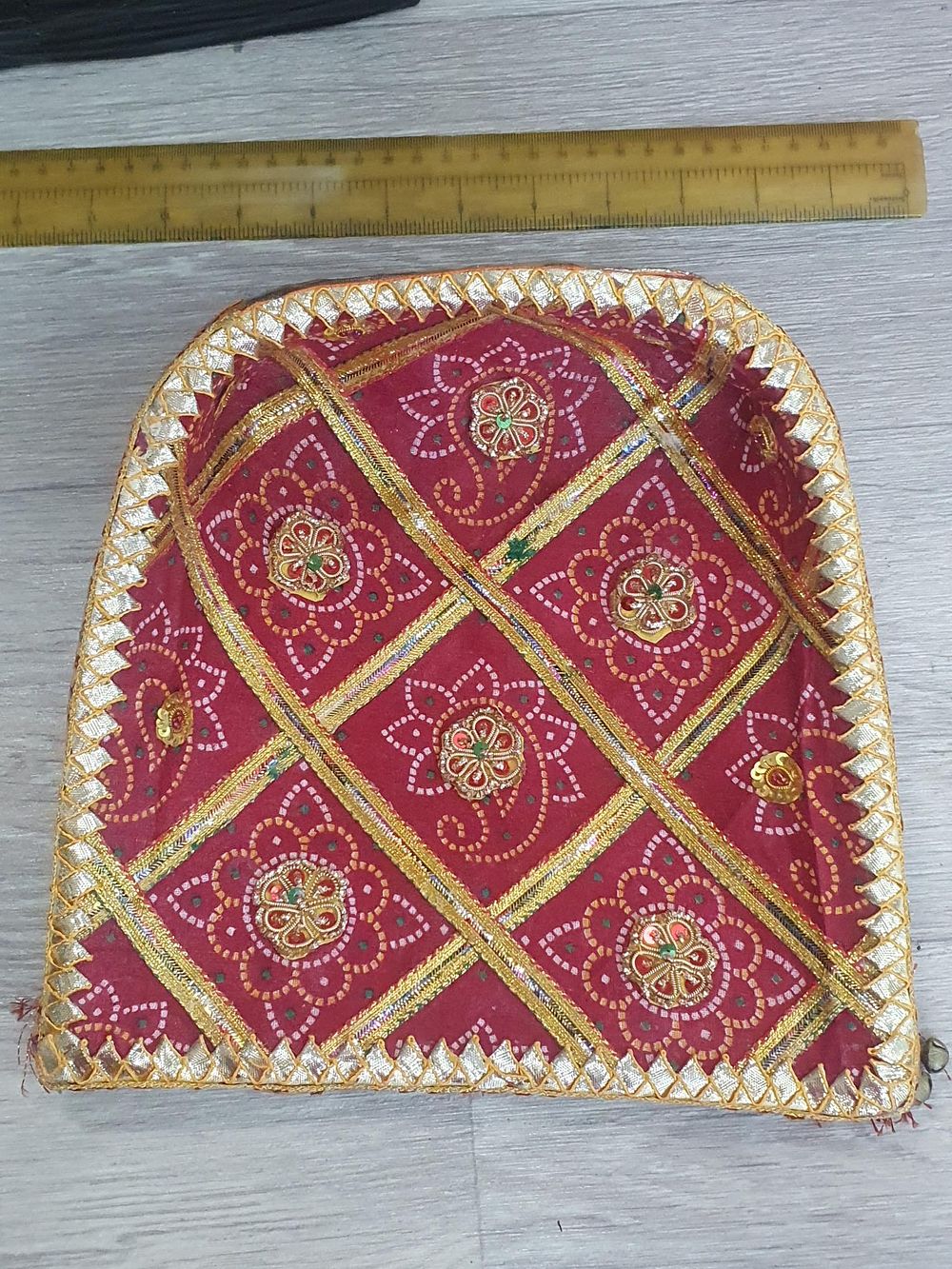 Lot 278: Red Bandhani and Gota Work Decorative Chhab Supdu Tray - Excellent condition.