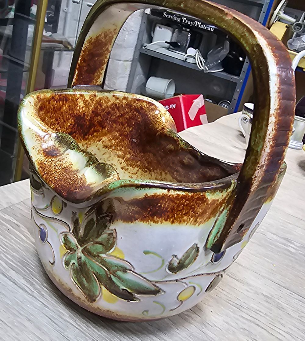 Lot 220: Italian Hand Painted Floral Ceramic Basket - Very Good Condition