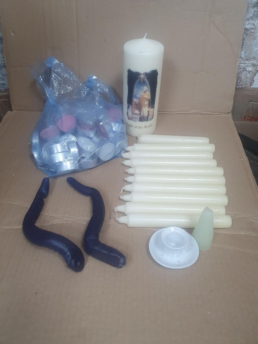Lot 273: Assortment of Religious Pillar Taper and Tealight Candles - Majority are New