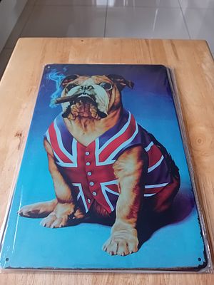 British Bulldog in Union Jack Waistcoat Decorative Metal Tin Sign. A rectangular decorative 