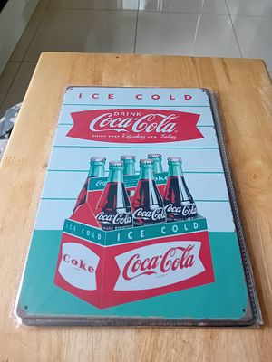 Coca-Cola Reproduction Metal Tin Sign Featuring Fishtail Logo and Bottle Crate Graphic. This is 