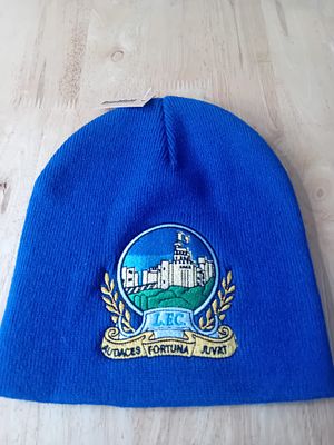 Linfield Football Club Embroidered Knit Beanie Hat. A royal blue ribbed knit beanie hat 