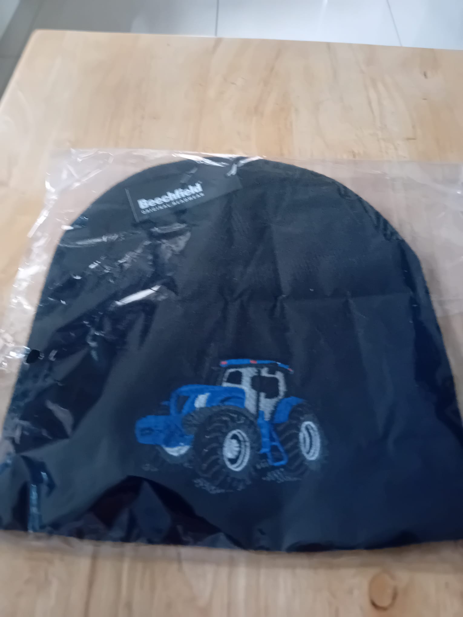 Beechfield Black Knit Beanie Hat with Embroidered Blue Tractor