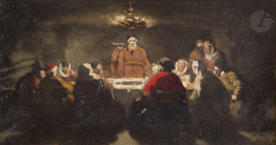 &Eacute;douard MOYSE (1827-1908) A Jewish Passover in the Middle AgesOil on cardboard. Signed lower 
