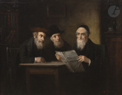 Lajos KOLOSZVARY (1871-1937)Three rabbis reading the newspaperOil on canvas.Signed lower 