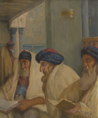 Maurice BISMOUTH (1891-1965)Jews at prayer in the synagogue (Keren Yechoua de la Marsa ?)Oil on 