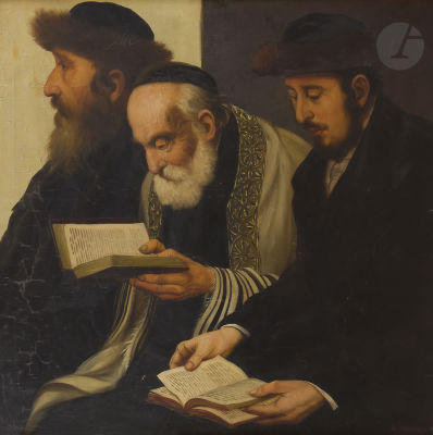 Eastern European school, early 20th centuryRabbi surrounded by his two disciplesOil on canvas 