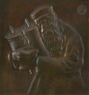 20th Century School - Eastern EuropeRabbi with TorahEmbossed copper.44 x 41 cmFrame.