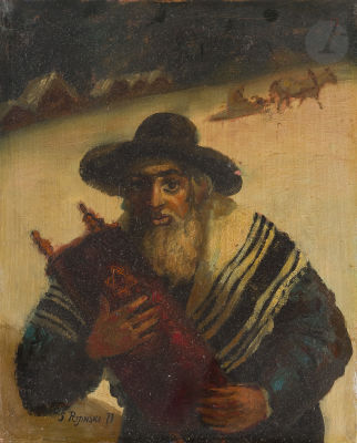 S. POJINSKI [School of the XXth century]Rabbi at the Torah, 1977Oil on canvas.Signed lower left 
