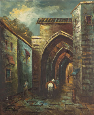 School of the XXth centuryPersonage and his horse passing under a porchOil on canvas.Signed 