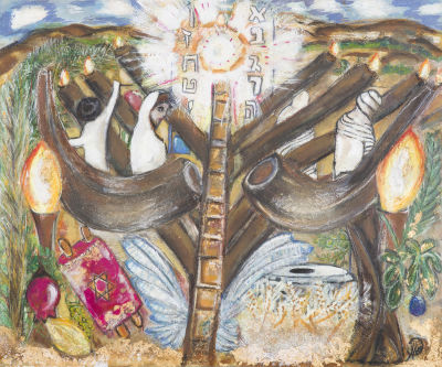 Ha&iuml;a MARUANI-WEINER (born in 1971)Jewish SymbolismMixed media on panel.50 x 60 cm
