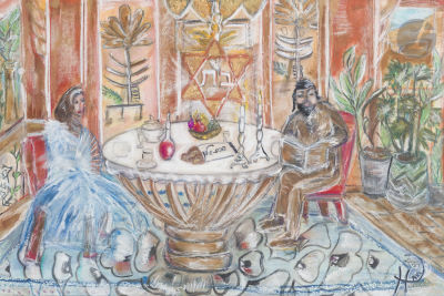Ha&iuml;a MARUANI-WEINER (born in 1971)Shabbat table in Enghien-les-Bains, 2022Pastel enhanced with 