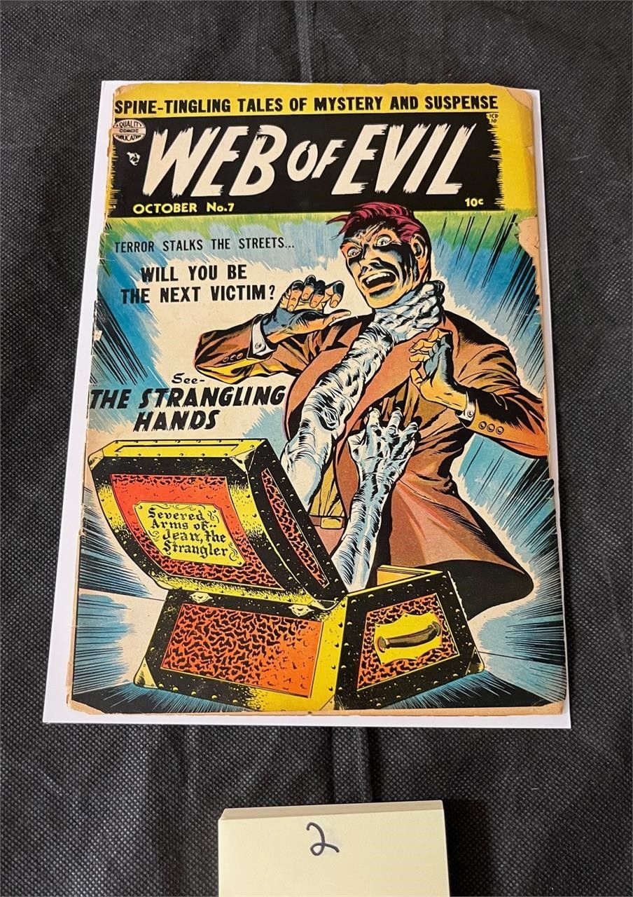 Web of Evil 7 Pre Code Horror Comic Book. We offer in person or virtual previews of auction lots 