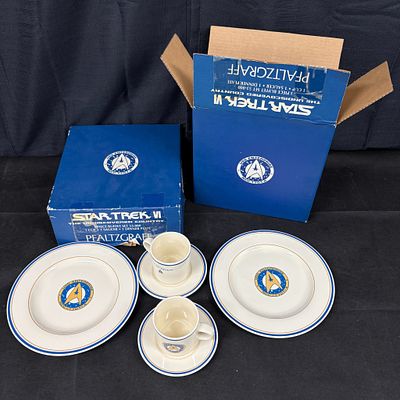 Two 3-Piece Star Trek Table Sets, Pfalzgraff CIB. Star Treck VI The Undiscovered Country. (2) 