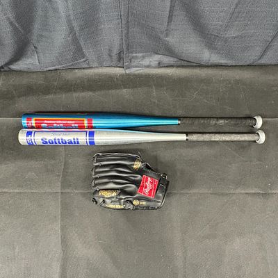 Baseball Glove, (2) Aluminum Softball Bats. Baseball Glove Albert Pujols Autograph Model, (2) 