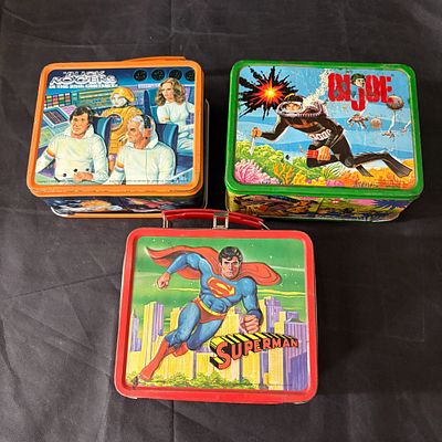 1960w-70s Metal Lunch Boxes, Superman, GI Joe +. Vintage 1960s-70s Metal Lunch Boxes. Two with 