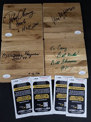 I01962 | A Collection of Four Autographed Basketball Court Flooring Sections Featuring Hall of 