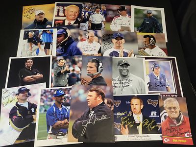I01502 | A Collection of 21 Autographed NFL Head Coach Photographs and Documents including Bill 