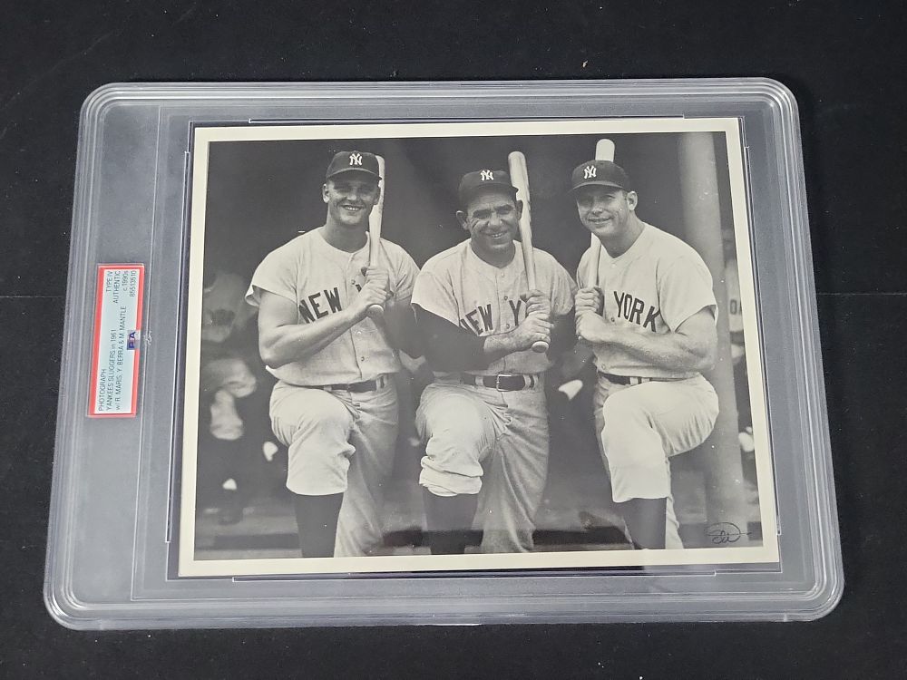 Lot 254: I01300 | PSA Authenticated Type IV New York Yankees Photograph Featuring Roger Maris Yogi Berra and Mickey Mantle